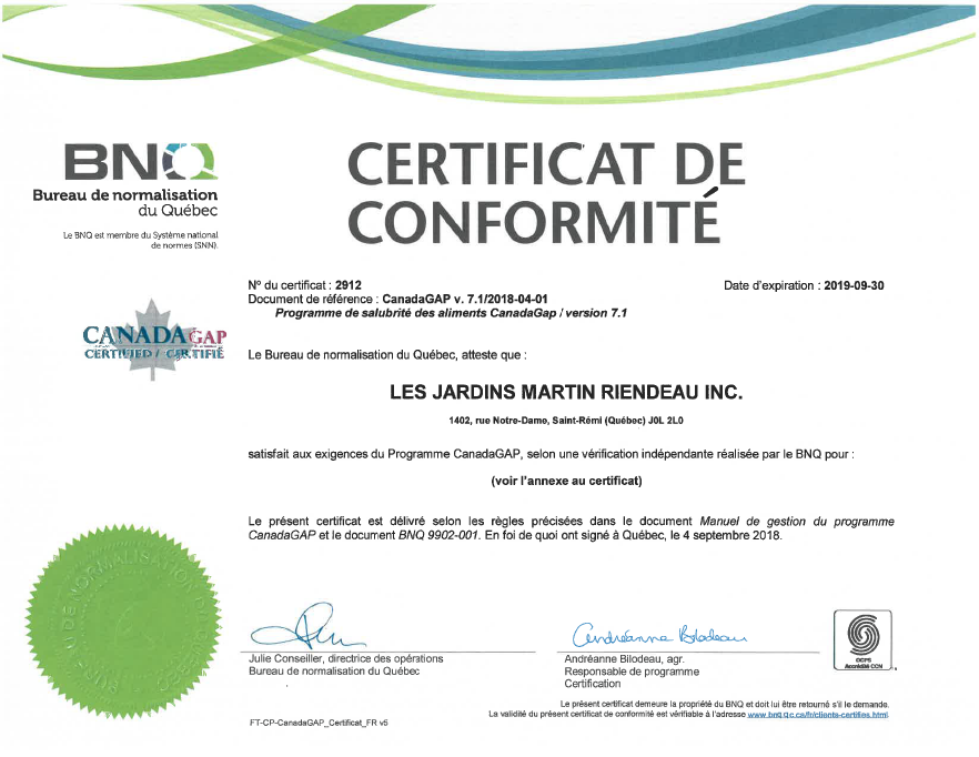 Martin Riendeau Gardens | Certificate of CanadaGAP program