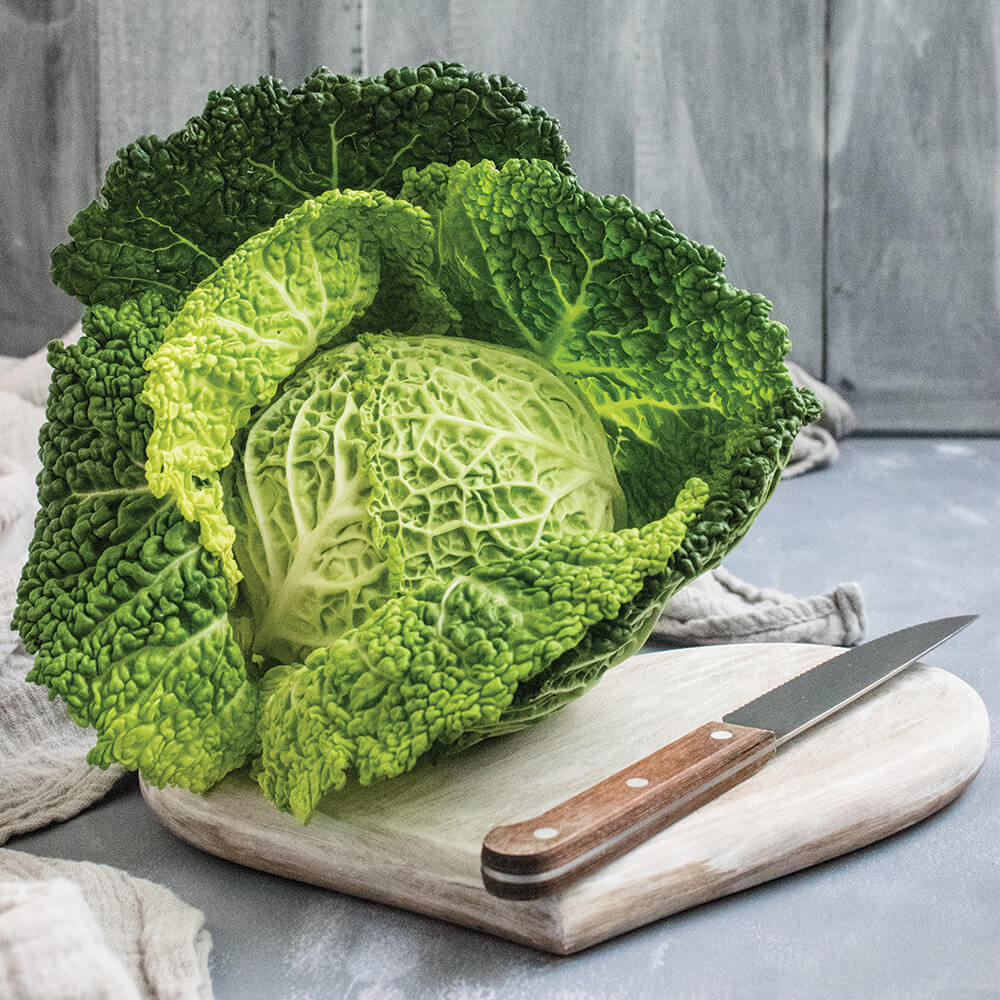 Martin Riendeau Gardens | Zoom in on a cabbage on a cutting board with a knife